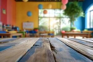 ai gegenereerd voorgrond houten tafel, wazig kinderopvang kamer achtergrond, kinderen aan het leren oase foto