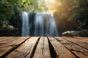 ai gegenereerd leeg houten tafelblad met wazig waterval visie achtergrond foto