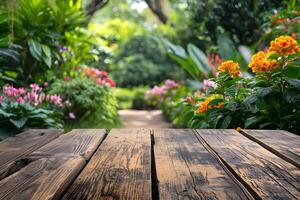 ai gegenereerd voorgrond houten tafel, wazig botanisch tuin gelukzaligheid achtergrond foto