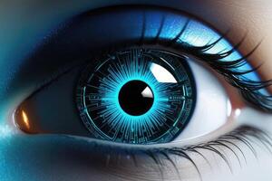 ai gegenereerd biometrisch cybernetisch oog ai kunstmatig intelligentie- scannen en netwerk door ai generatief foto