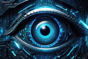 ai gegenereerd biometrisch cybernetisch oog ai kunstmatig intelligentie- scannen en netwerk door ai generatief foto