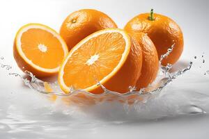 ai gegenereerd oranje fruit met plons water door ai generatief foto