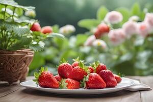 ai gegenereerd zonovergoten kom van vers aardbeien Aan buiten tafel door ai generatief foto