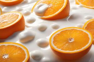 oranje fruit drijvend in melk, yoghurt, verzuren room, plons foto