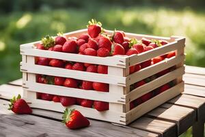 ai gegenereerd stapel van vers aardbeien in een houten krat door ai generatief foto