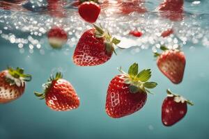 ai gegenereerd aardbeien drijvend in sprankelend water door ai generatief foto