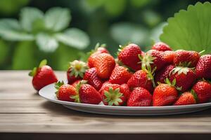 ai gegenereerd zonovergoten kom van vers aardbeien Aan buiten tafel door ai generatief foto