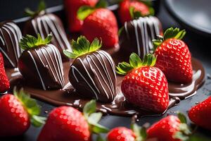 ai gegenereerd aardbeien gedoopt in chocola door ai generatief foto