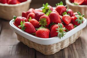 ai gegenereerd hoop van vers aardbeien in kom Aan rustiek houten achtergrond door ai generatief foto