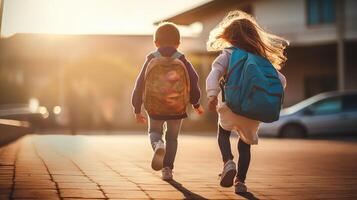 ai gegenereerd terug visie van school- kinderen met rugzak en klasgenoten Aan achtergrond. terug naar school- concept. foto