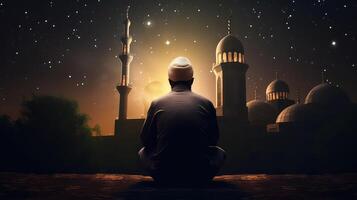 ai gegenereerd moslim Mens bidden in de moskee Bij nacht, Ramadan nacht achtergrond foto