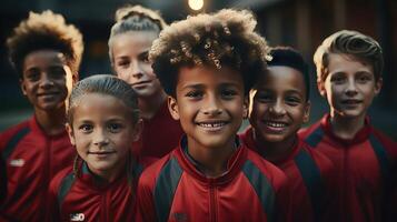 ai gegenereerd portret van een groep van gelukkig kinderen voetbal spelers foto