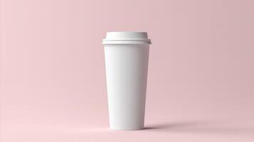 ai gegenereerd wit papier koffie kop mockup Aan roze achtergrond. foto