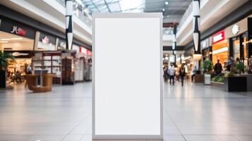 ai gegenereerd blanco wit reclame aanplakbord in boodschappen doen winkelcentrum, aanplakbord mockup foto