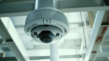 ai gegenereerd cctv veiligheid camera in kantoor gebouw achtergrond foto