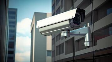 ai gegenereerd cctv veiligheid camera Aan kantoor gebouw achtergrond. foto