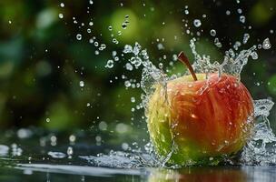 ai gegenereerd rood appel vallend in water met plons en bokeh achtergrond. foto