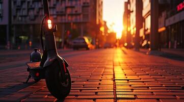 ai gegenereerd jong Mens rijden een trap scooter Aan de straat Bij zonsondergang. foto