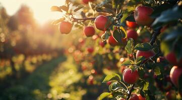 ai gegenereerd rijp rood appels Aan appel boom Afdeling in boomgaard Bij zonsondergang foto