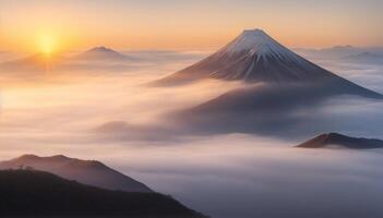 ai gegenereerd monteren fuji, Japan, zonsopkomst, roze, kers bloesem, zonsopkomst, zonsopkomst, foto