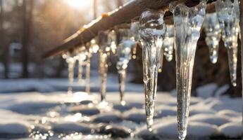 ai gegenereerd ijspegels hangende van een houten pool in de sneeuw foto