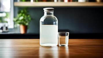 ai gegenereerd glas fles van wodka en een glas van water Aan een houten tafel. foto