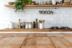 ai gegenereerd leeg teller tafel top voor Product Scherm in modern keuken interieur foto