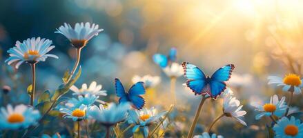 ai gegenereerd een bloem veld- met blauw vlinders en madeliefjes Aan zonnig dag, foto