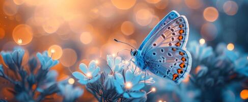 ai gegenereerd een blauw vlinder Aan een bloem met lichten achter het foto