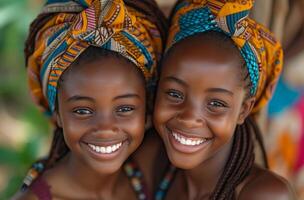 ai gegenereerd Afrikaanse tiener meisjes glimlach en staren in de camera foto
