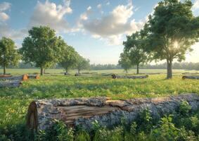 ai gegenereerd een groen veld- met bomen en logboeken zijn getoond foto