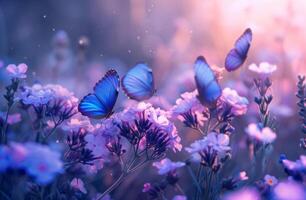 ai gegenereerd een beeld met blauw vlinders vliegend over- Purper bloemen foto