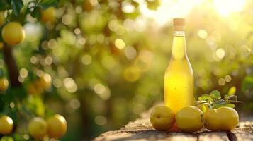 ai gegenereerd limoncello fles Aan zomer wazig bokeh achtergrond foto