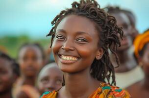 ai gegenereerd jong Afrikaanse mensen en hun gezinnen glimlachen foto