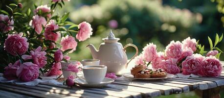 ai gegenereerd een thee pot en cups zitten Aan een tafel in de buurt roze pioenen en gebakjes foto