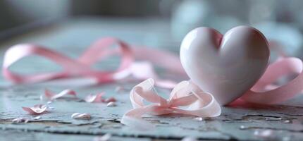 ai gegenereerd een wit hart in roze Aan een tafel met lint en boog foto