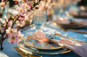 ai gegenereerd blauw, goud, en roze tafel instelling foto