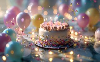 ai gegenereerd taart voor verjaardag met kaarsen en ballonnen Aan een achtergrond foto