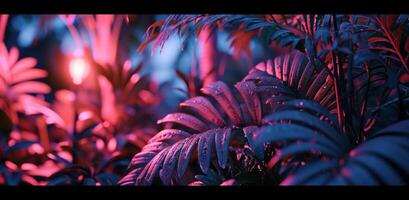 ai gegenereerd kleurrijk en gloeiend palm bladeren Bij nacht foto