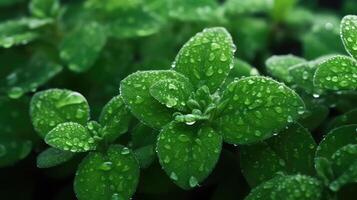 ai gegenereerd groen bladeren met water druppels, detailopname. natuur achtergrond foto