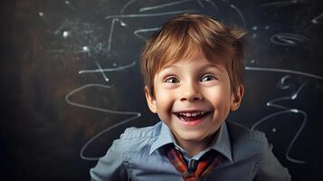 ai gegenereerd portret van gelukkig schooljongen staand in de buurt schoolbord en op zoek Bij camera, terug naar school- concept foto