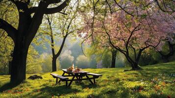 ai gegenereerd lente picknick omringd door bloeiende bomen en kleurrijk bloemen foto