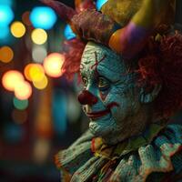 ai gegenereerd clown van de carnaval Bij nacht foto
