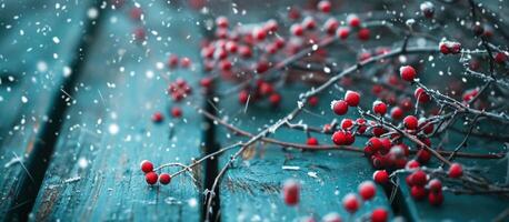 ai gegenereerd rood hulst bessen tegen een houten backdrop met sneeuw foto