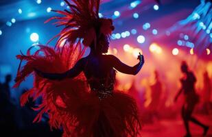 ai gegenereerd carnaval dansen meisje Aan een stadium Bij nacht foto