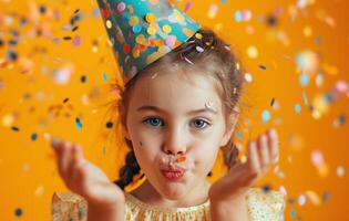ai gegenereerd weinig meisje blazen confetti met gelukkig verjaardag partij hoed foto