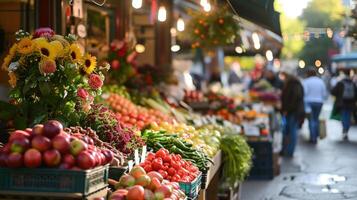 ai gegenereerd lente markt gevulde met vers produceren, bloemen foto