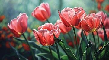 ai gegenereerd roze tulpen tegen roze achtergrond kopiëren ruimte voor tekst foto