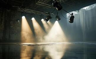 ai gegenereerd vier schijnwerpers Aan een stadium met licht bron foto