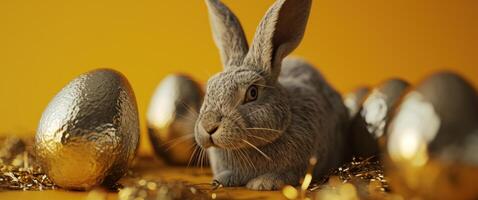 ai gegenereerd konijnen achter gouden eieren in voorkant van een oranje achtergrond foto